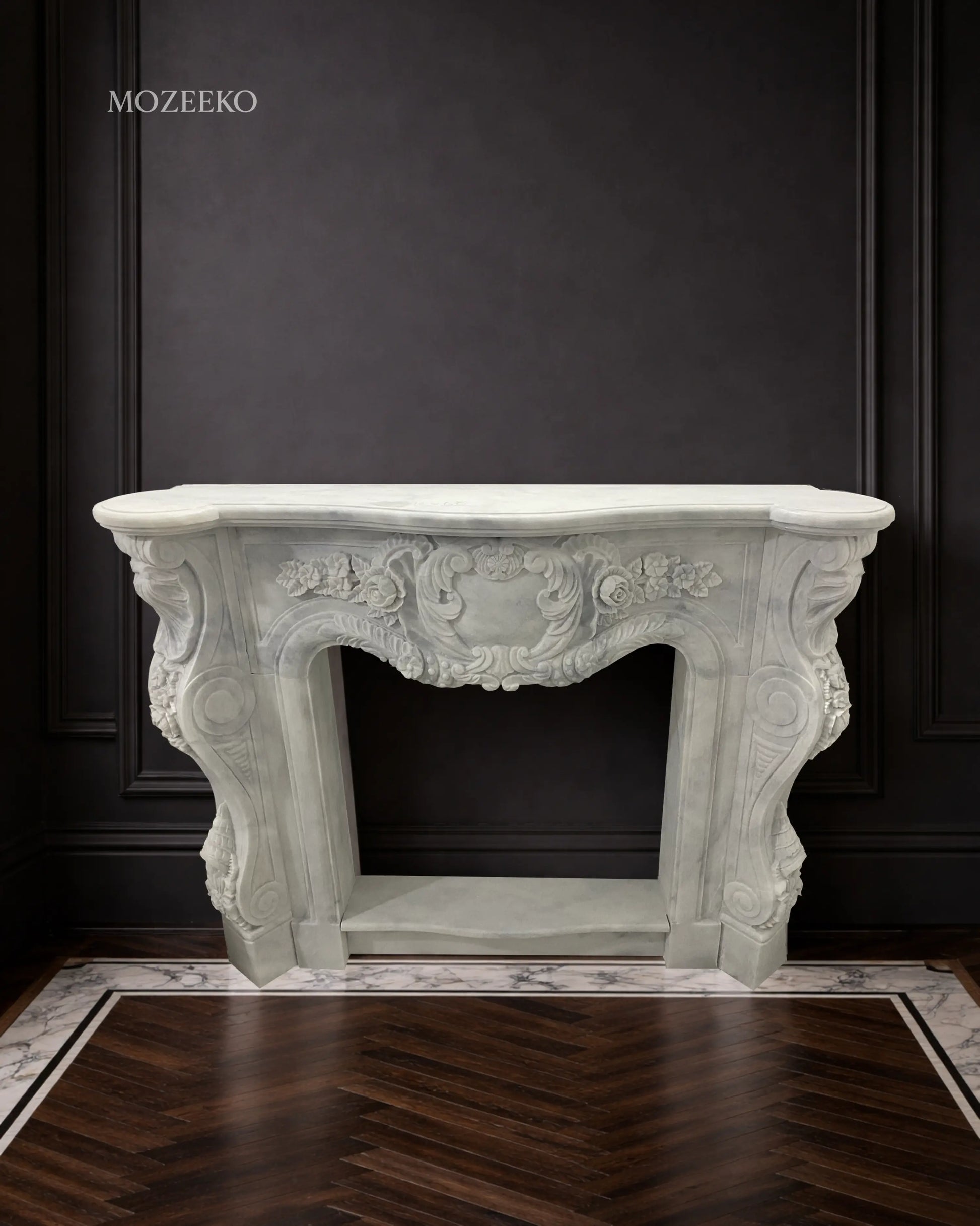 Hand-carved Super White marble fireplace console in French Rococo style by Mozeeko Atelier