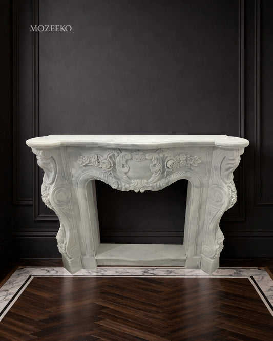 Hand-carved Super White marble fireplace console in French Rococo style by Mozeeko Atelier