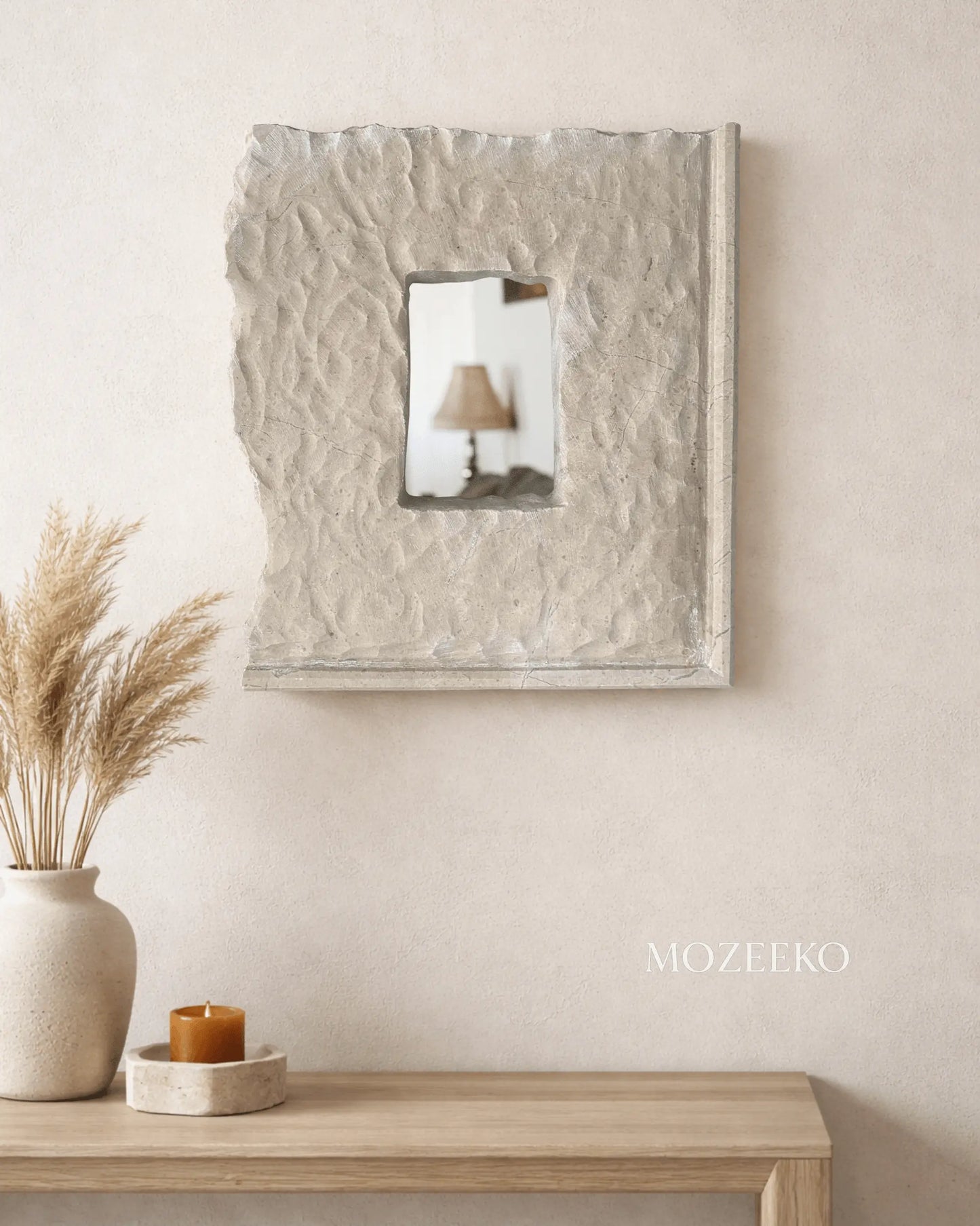 China Verona marble frame 12x14 inches used as sculptural wall mirror on neutral wall