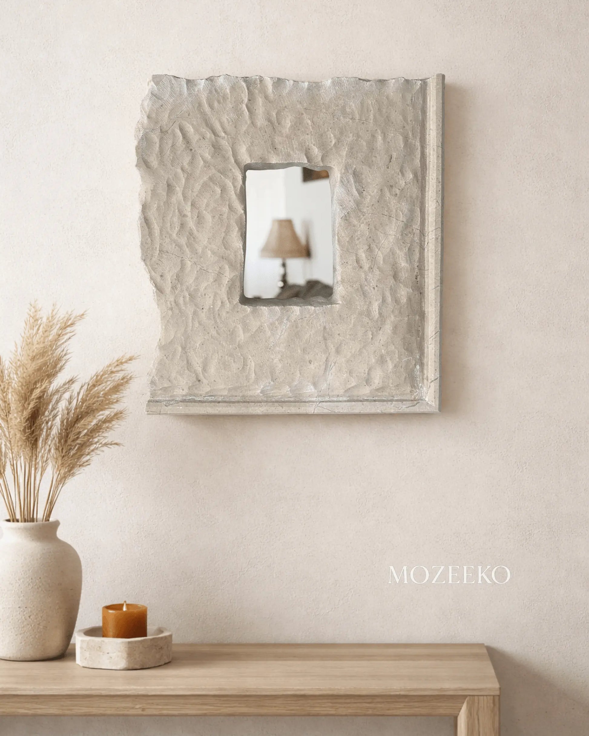China Verona marble frame 12x14 inches used as sculptural wall mirror on neutral wall