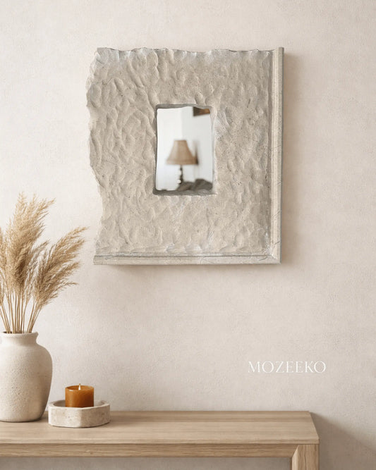 China Verona marble frame 12x14 inches used as sculptural wall mirror on neutral wall