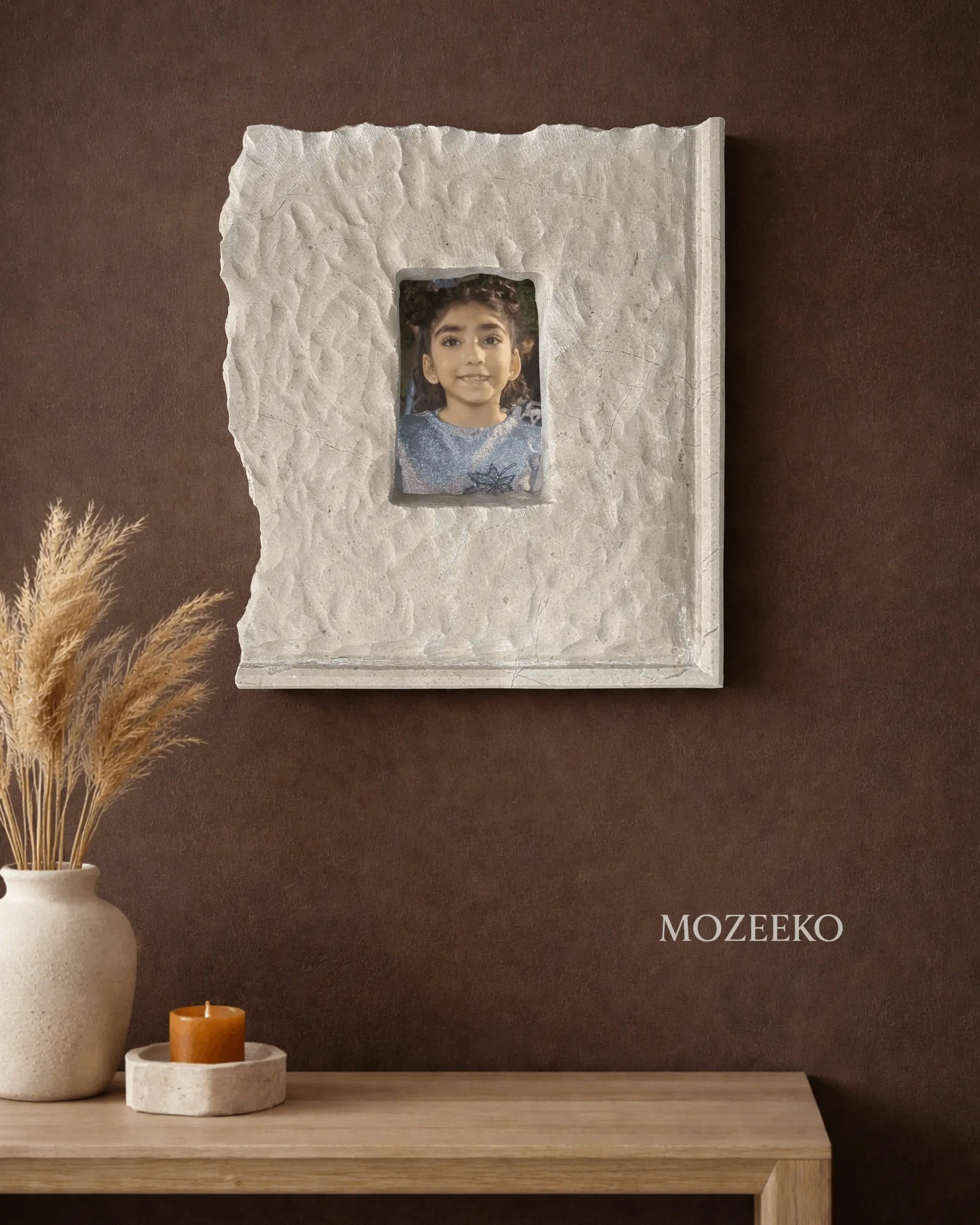 China Verona marble frame 12x14 inches displaying portrait photograph on brown textured wall