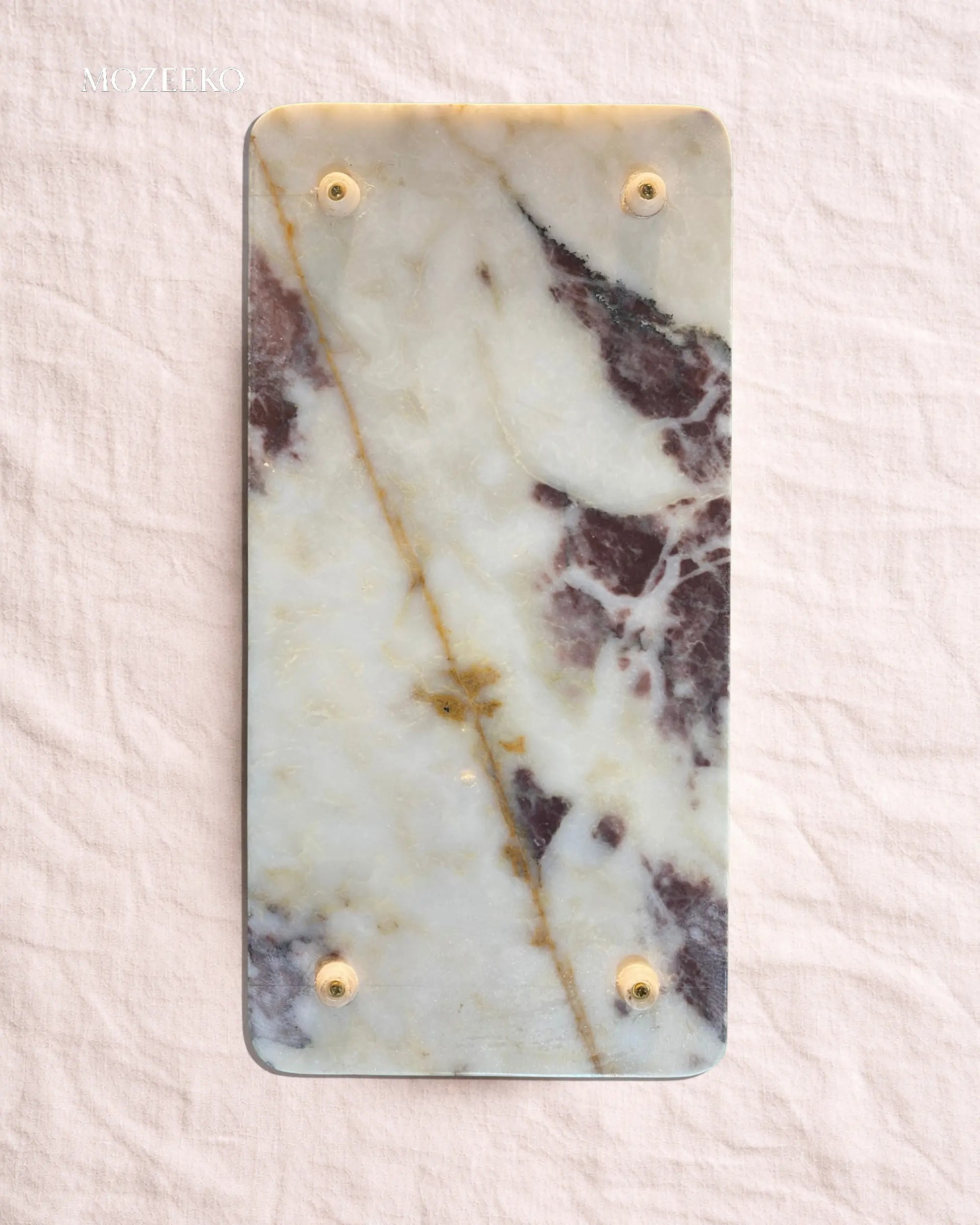 Rectangular red and white natural marble tray with smooth edges, 8 × 16 inches, handcrafted luxury stone tray by Mozeeko