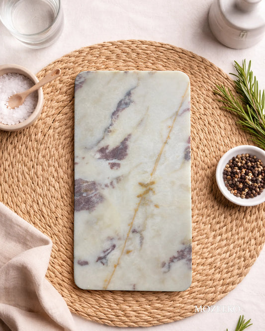 Rectangular red and white natural marble tray with smooth edges, 8 × 16 inches, handcrafted luxury stone tray by Mozeeko