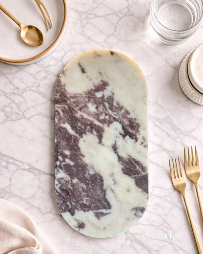 Red and white natural marble tray with smooth rounded edges, 8 × 16 inches, handcrafted luxury stone tray by Mozeeko