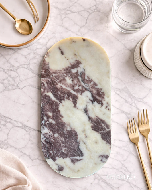 Red and white natural marble tray with smooth rounded edges, 8 × 16 inches, handcrafted luxury stone tray by Mozeeko