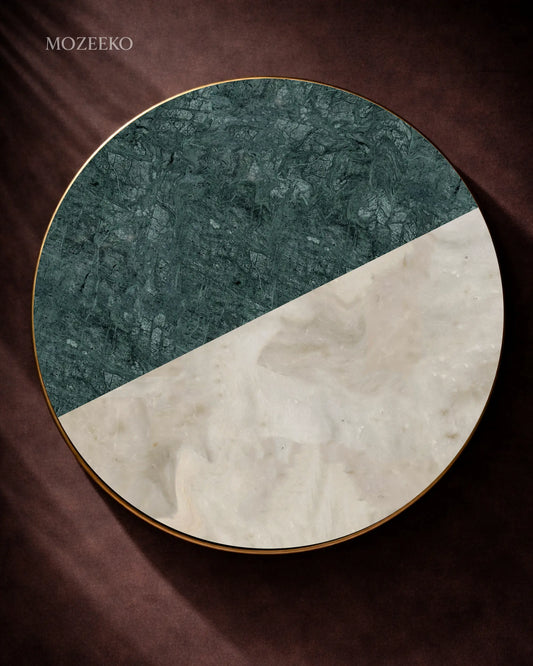 Round marble table top with indian green and kamoor white in a linear diagonal design