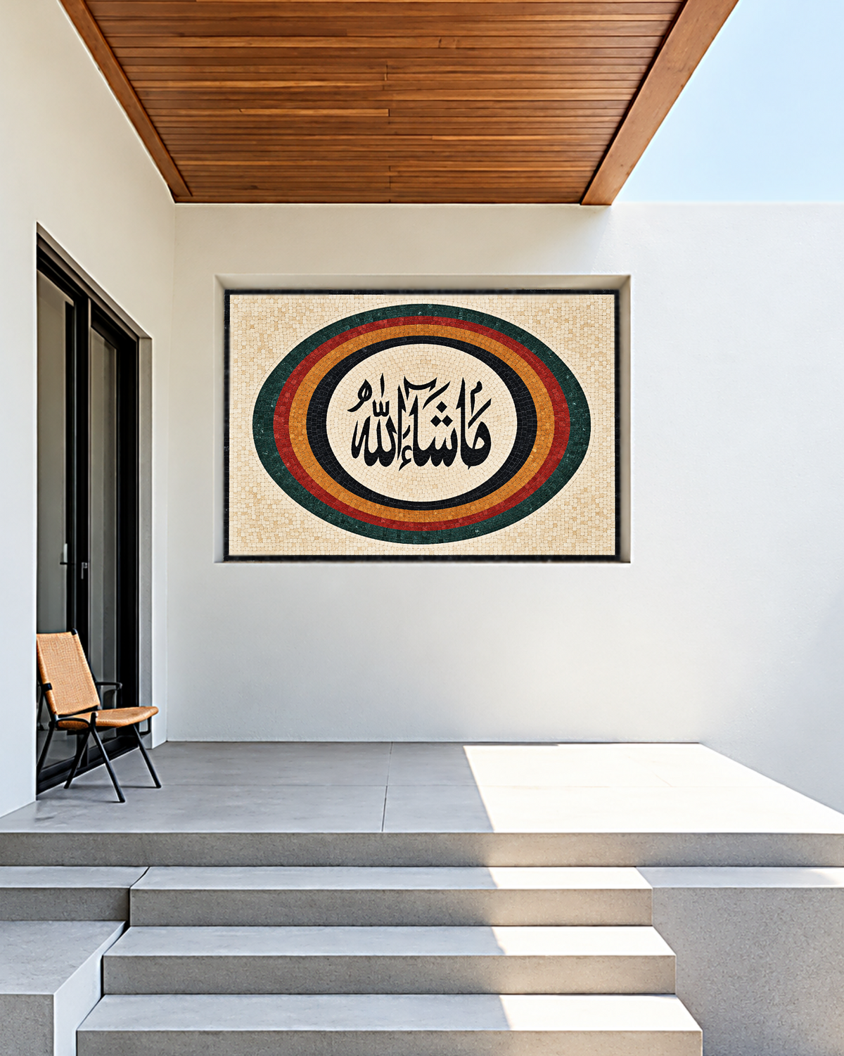Mashallah Arabic calligraphy in handcrafted natural marble mosaic with rich Islamic decorative detailing