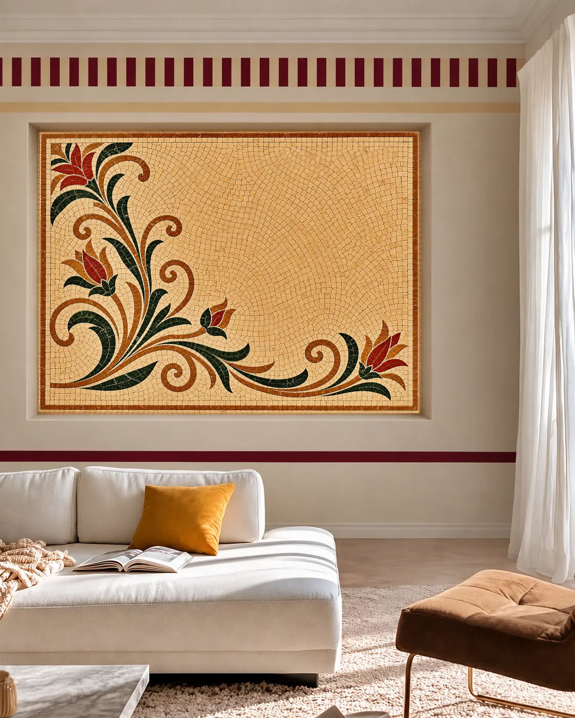 Cream marble mosaic with red flowers, dark green leaves and golden vines flowing along the left and lower edges, shown in a living room wall mockup.