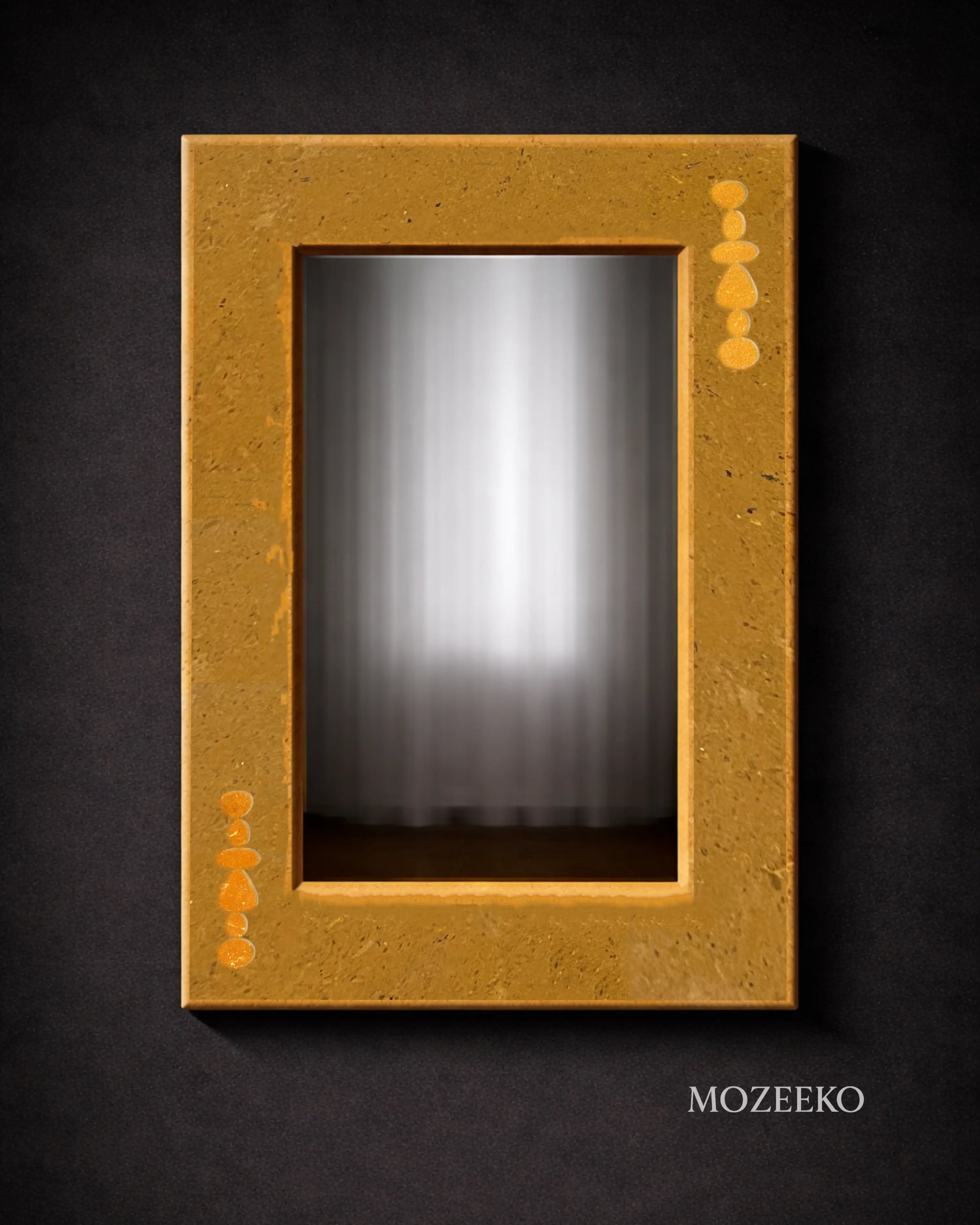 Golden marble mirror frame with brass inlay detailing, rectangular 22 × 32 inches, handcrafted stone frame by Mozeeko