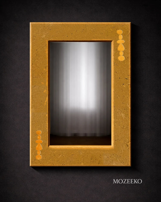Golden marble mirror frame with brass inlay detailing, rectangular 22 × 32 inches, handcrafted stone frame by Mozeeko