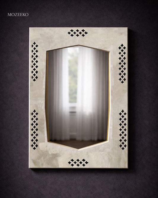 Kamoor White marble mirror with jali lattice cutwork and perforated stone frame