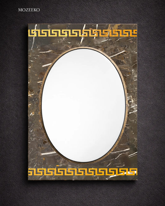 Black and gold marble mirror frame with brass inlay border, rectangular 22 × 32 inches, handcrafted stone mirror by Mozeeko