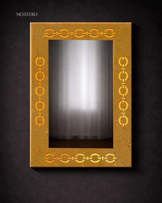 Golden marble mirror frame with brass inlay detailing, rectangular 22 × 32 inches, handcrafted stone design