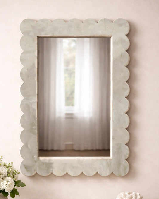 Kamoor White marble mirror frame with carved swirl border, handcrafted luxury stone mirror by Mozeeko