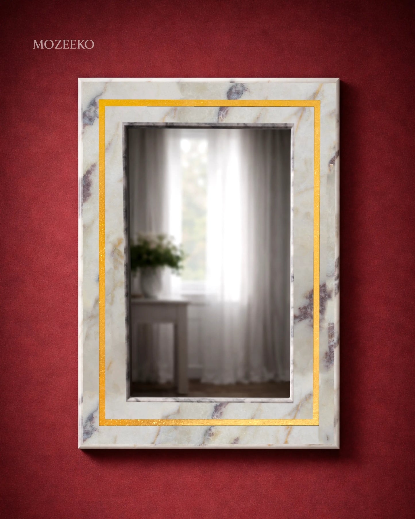 Red and white marble mirror frame with thin brass strip border, 22 × 32 inches, handcrafted luxury stone mirror by Mozeeko