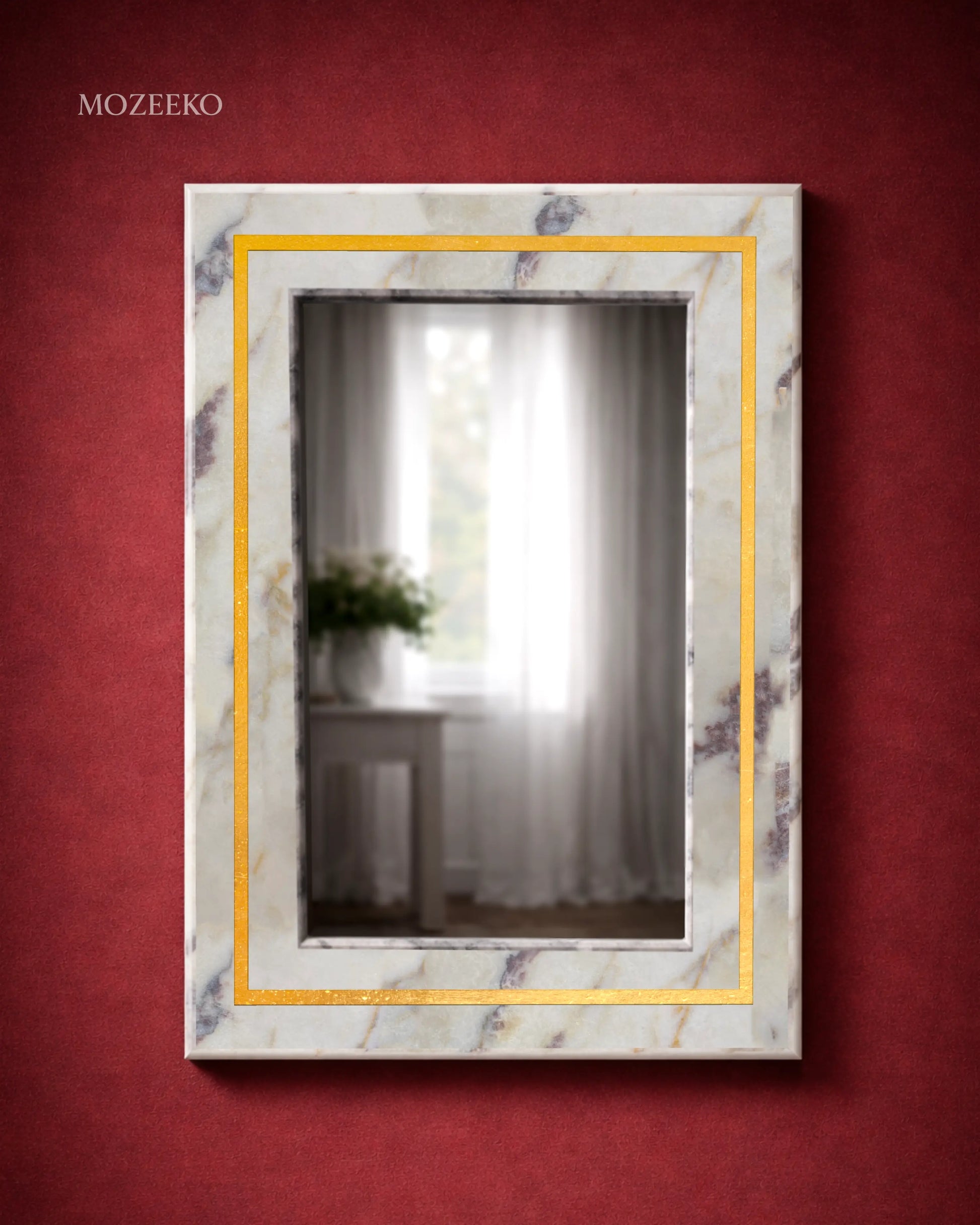 Red and white marble mirror frame with thin brass strip border, 22 × 32 inches, handcrafted luxury stone mirror by Mozeeko