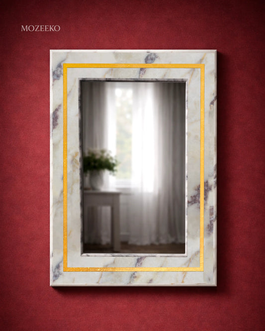 Red and white marble mirror frame with thin brass strip border, 22 × 32 inches, handcrafted luxury stone mirror by Mozeeko