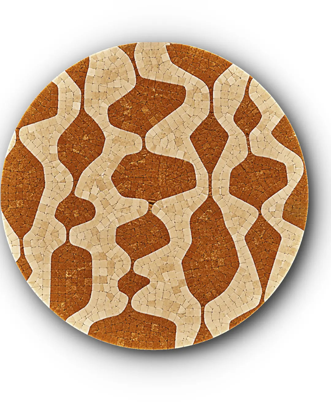 Round contemporary wave-pattern mosaic medallion handcrafted in Golden and Botticino Cream marble