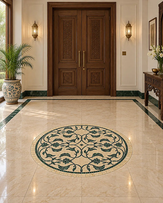 Pak Green botanical scroll marble mosaic medallion installed in a polished entrance floor