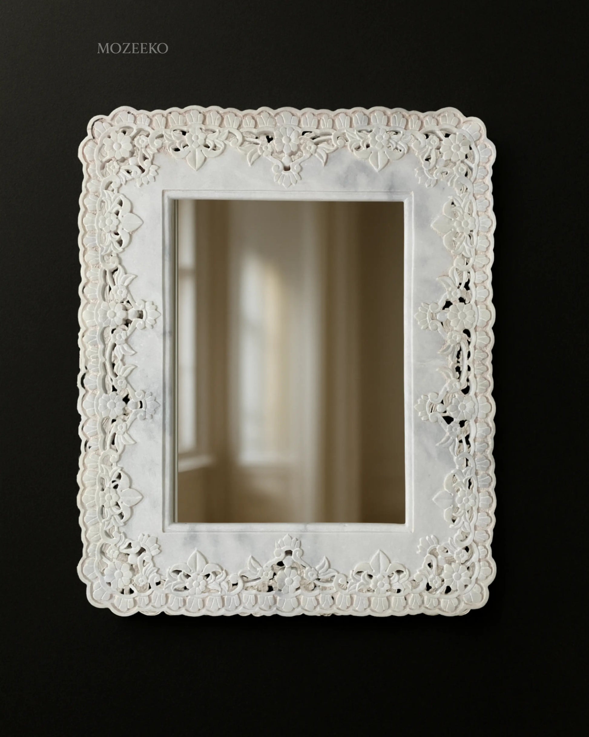 Ziarat White marble mirror with matte floral carving and jali lattice work