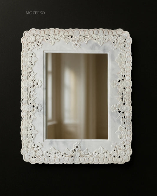 Ziarat White marble mirror with matte floral carving and jali lattice work
