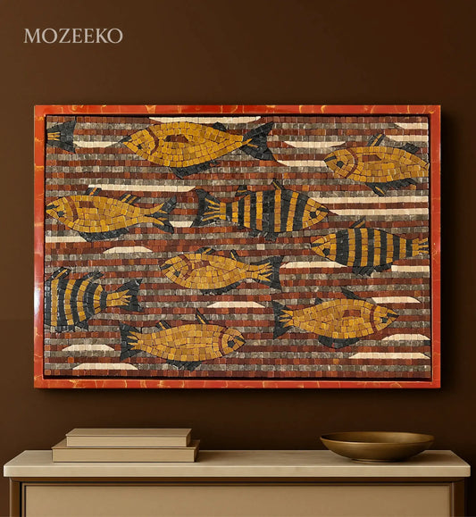 Golden fish marble mosaic artwork with rhythmic movement, framed in a red and gold floating wooden frame