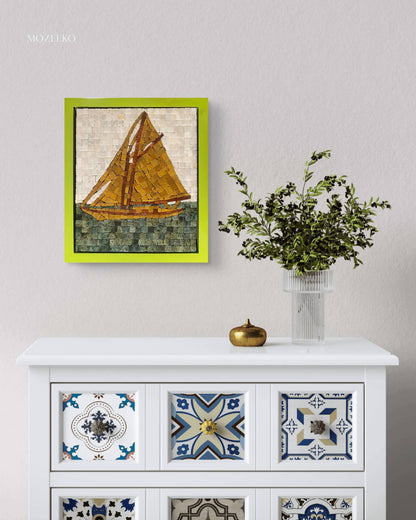 Sail of Dawn – marble mosaic wall art (Super White, Jungle Green, Golden, Red Golden) displayed in lime green frame in interior setting (NIA Collection by Mozeeko)