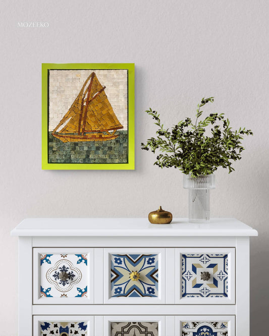Sail of Dawn – marble mosaic wall art (Super White, Jungle Green, Golden, Red Golden) displayed in lime green frame in interior setting (NIA Collection by Mozeeko)
