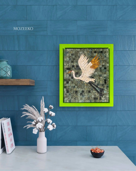 Flight Over Emerald – marble mosaic wall art (Jungle Green, Boticina Cream, Golden, Jet Black) displayed in lime green frame, NIA Collection by Mozeeko