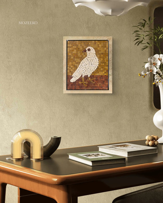 Silent Dove – 12×14 handmade marble mosaic wall art of a white bird on golden and red marble background, framed in Champagne Gold (NIA Collection by Mozeeko) ,a