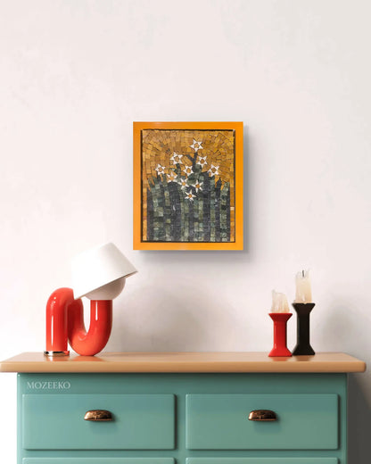 Golden Bloom – 12×14 marble mosaic wall art displayed in a luxury interior mockup with golden background and floral design (NIA Collection by Mozeeko)