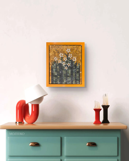 Golden Bloom – 12×14 marble mosaic wall art displayed in a luxury interior mockup with golden background and floral design (NIA Collection by Mozeeko)