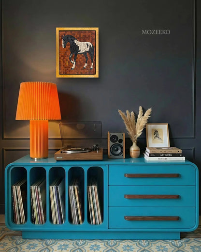 horse– marble mosaic wall art (Super White, Jet black, Golden, Red Golden) displayed in golden frame in interior setting (NIA Collection by Mozeeko)