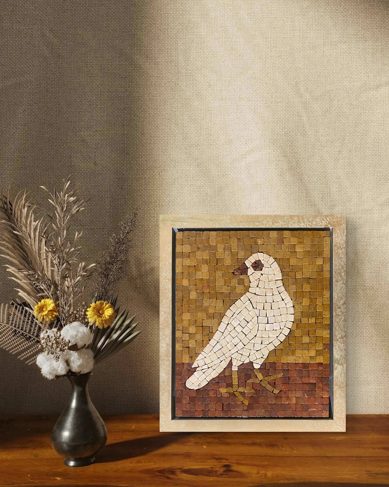 Silent Dove – 12×14 handmade marble mosaic wall art of a white bird on golden and red marble background, framed in Champagne Gold (NIA Collection by Mozeeko) ,a