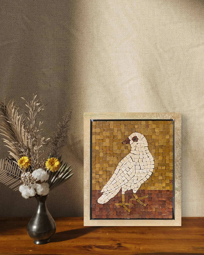 Silent Dove – 12×14 handmade marble mosaic wall art of a white bird on golden and red marble background, framed in Champagne Gold (NIA Collection by Mozeeko) ,a
