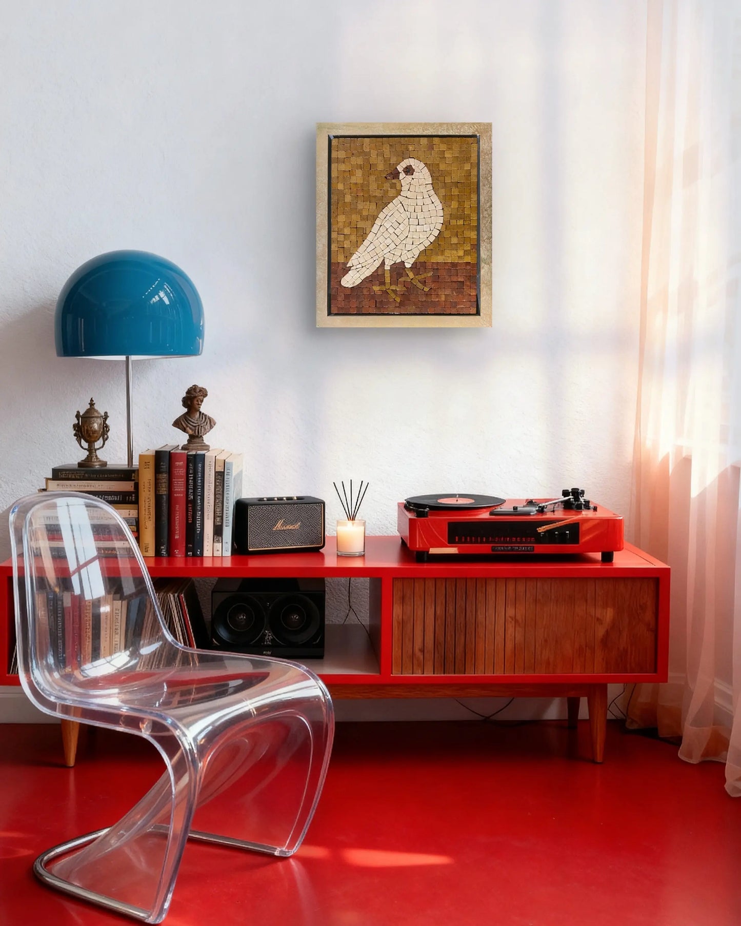 Silent Dove – 12×14 handmade marble mosaic wall art of a white bird on golden and red marble background, framed in Champagne Gold (NIA Collection by Mozeeko) ,a
