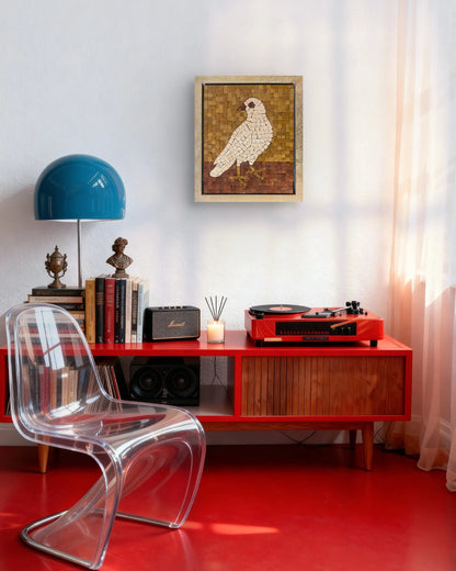 Silent Dove – 12×14 handmade marble mosaic wall art of a white bird on golden and red marble background, framed in Champagne Gold (NIA Collection by Mozeeko) ,a