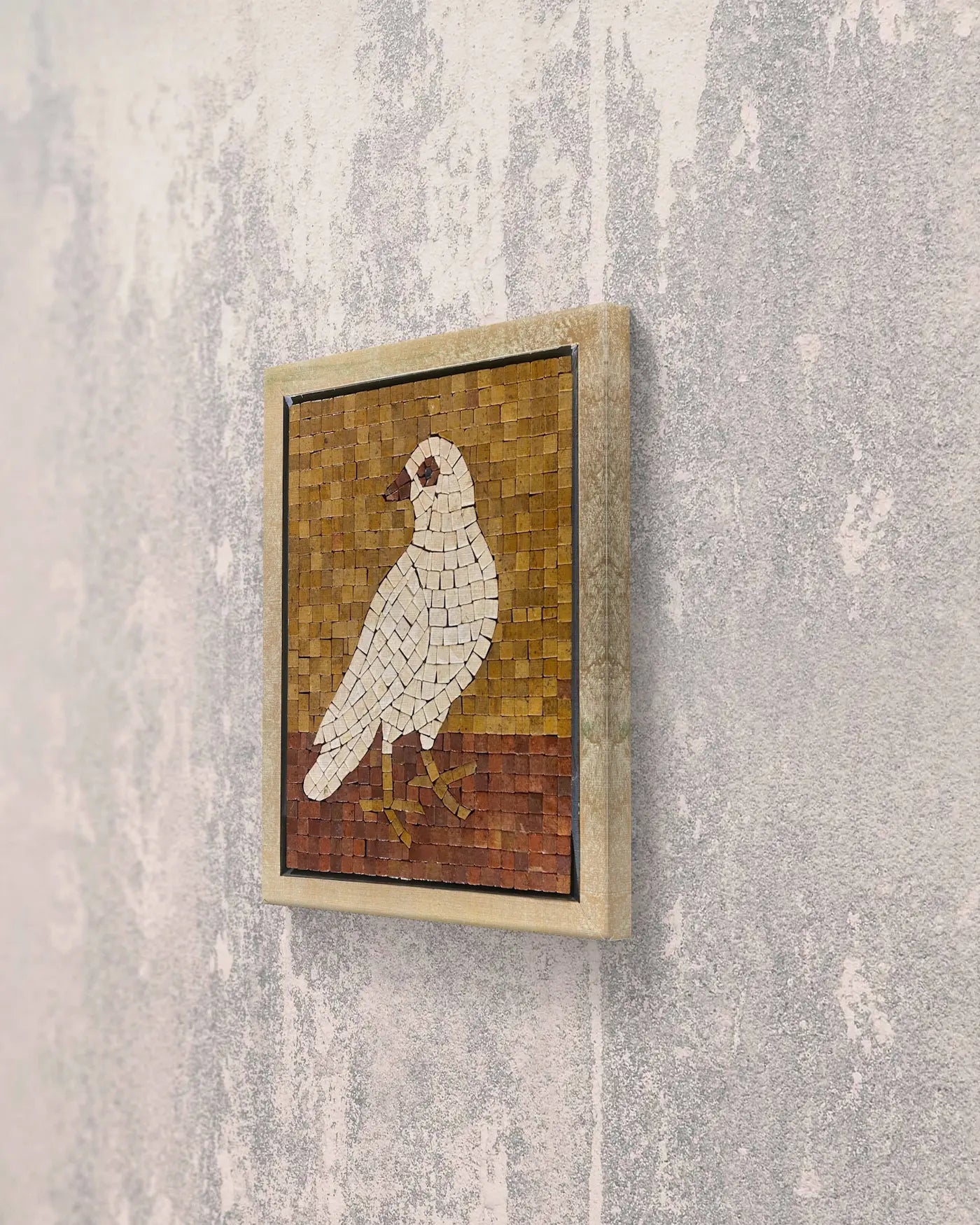 Silent Dove – 12×14 handmade marble mosaic wall art of a white bird on golden and red marble background, framed in Champagne Gold (NIA Collection by Mozeeko) ,side-view