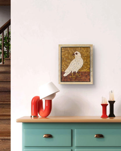 Silent Dove – 12×14 handmade marble mosaic wall art of a white bird on golden and red marble background, framed in Champagne Gold (NIA Collection by Mozeeko) ,a