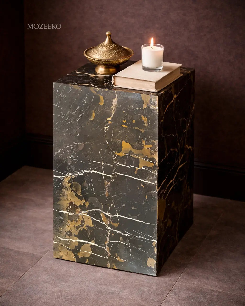 Side view of black and gold marble plinth highlighting hollow mitered construction and natural veining