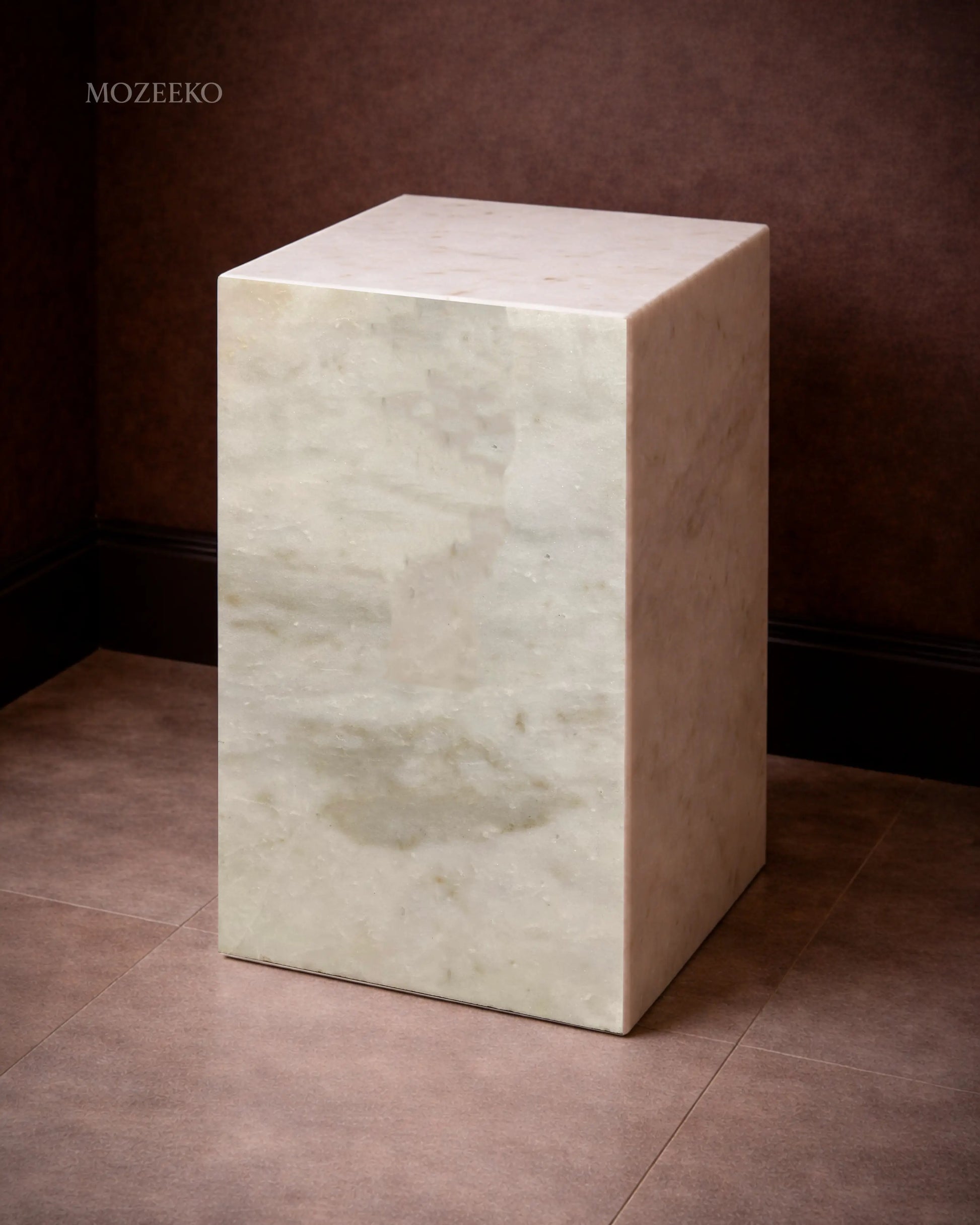 Kamoor white marble plinth with polished finish and mitered corners, styled as a sculptural accent pedestal