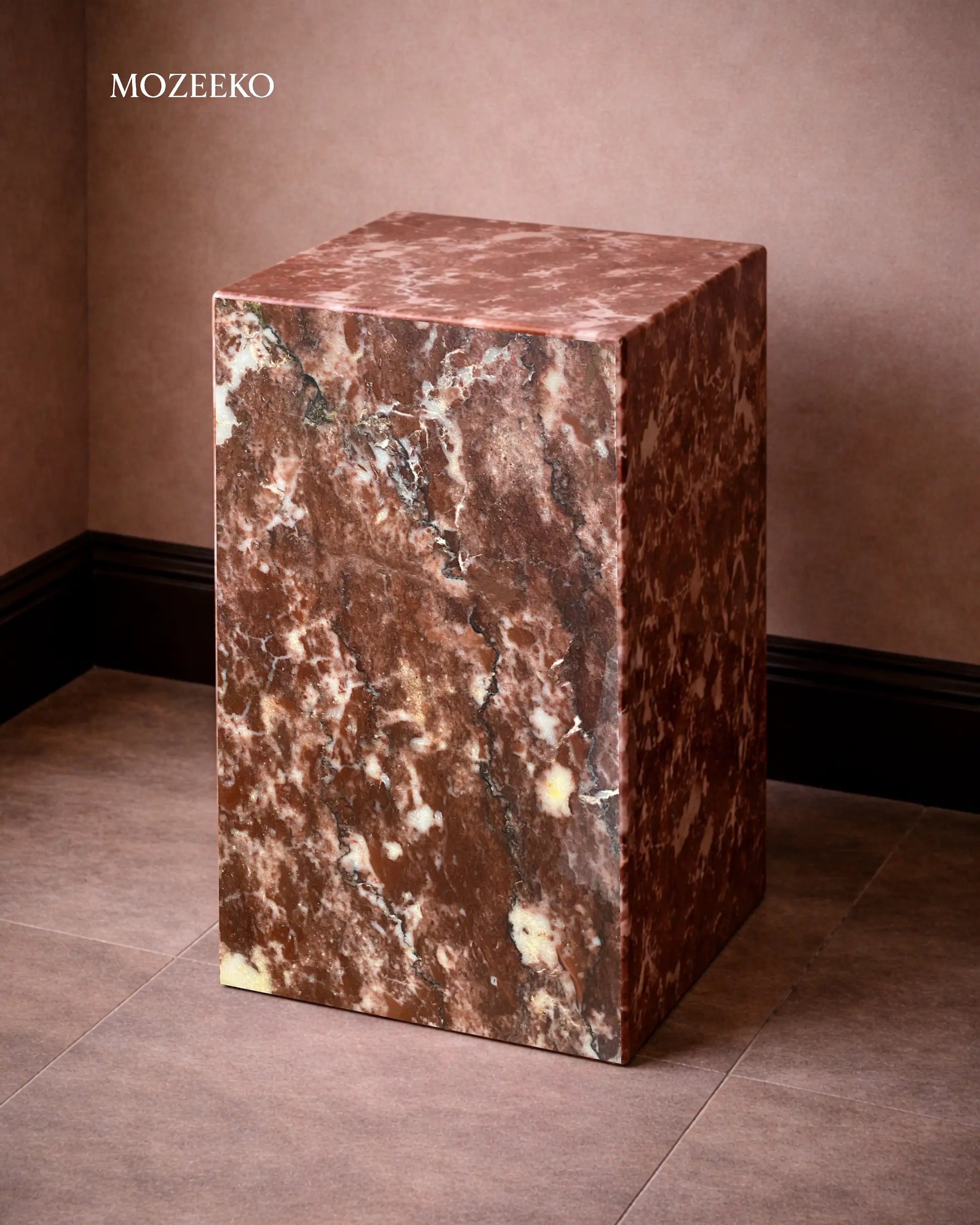Strawberry marble plinth with polished finish and mitered corners, styled as a sculptural accent pedestal