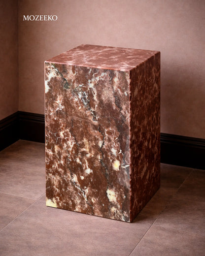 Strawberry marble plinth with polished finish and mitered corners, styled as a sculptural accent pedestal