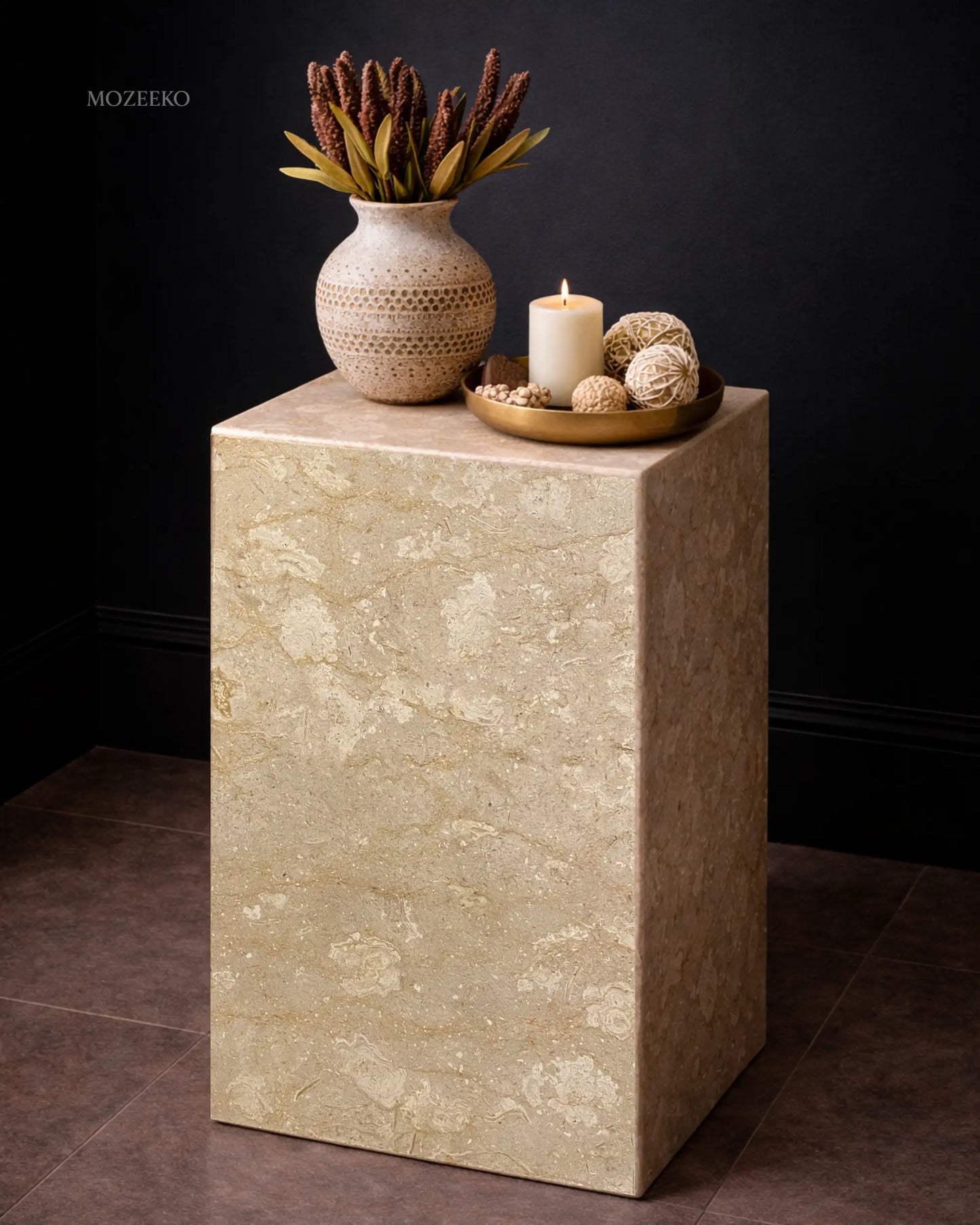 Tervera marble plinth with mitered corners and warm beige stone texture, shown as a sculptural accent pedestal