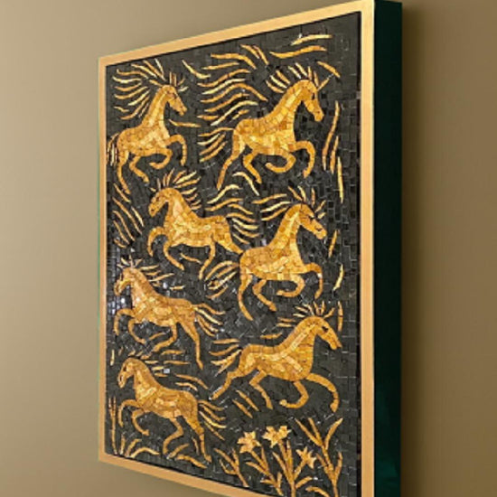 Video showcasing Golden Stallions marble mosaic wall art with golden horses on a black mosaic background, framed in a luxury floating frame, mosaic size 22 × 32 inches.
