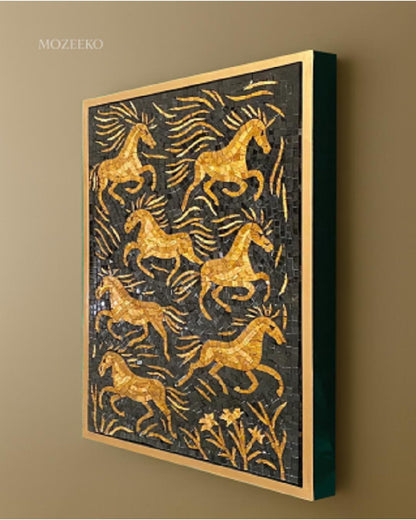 Video showcasing Golden Stallions marble mosaic wall art with golden horses on a black mosaic background, framed in a luxury floating frame, mosaic size 22 × 32 inches.
