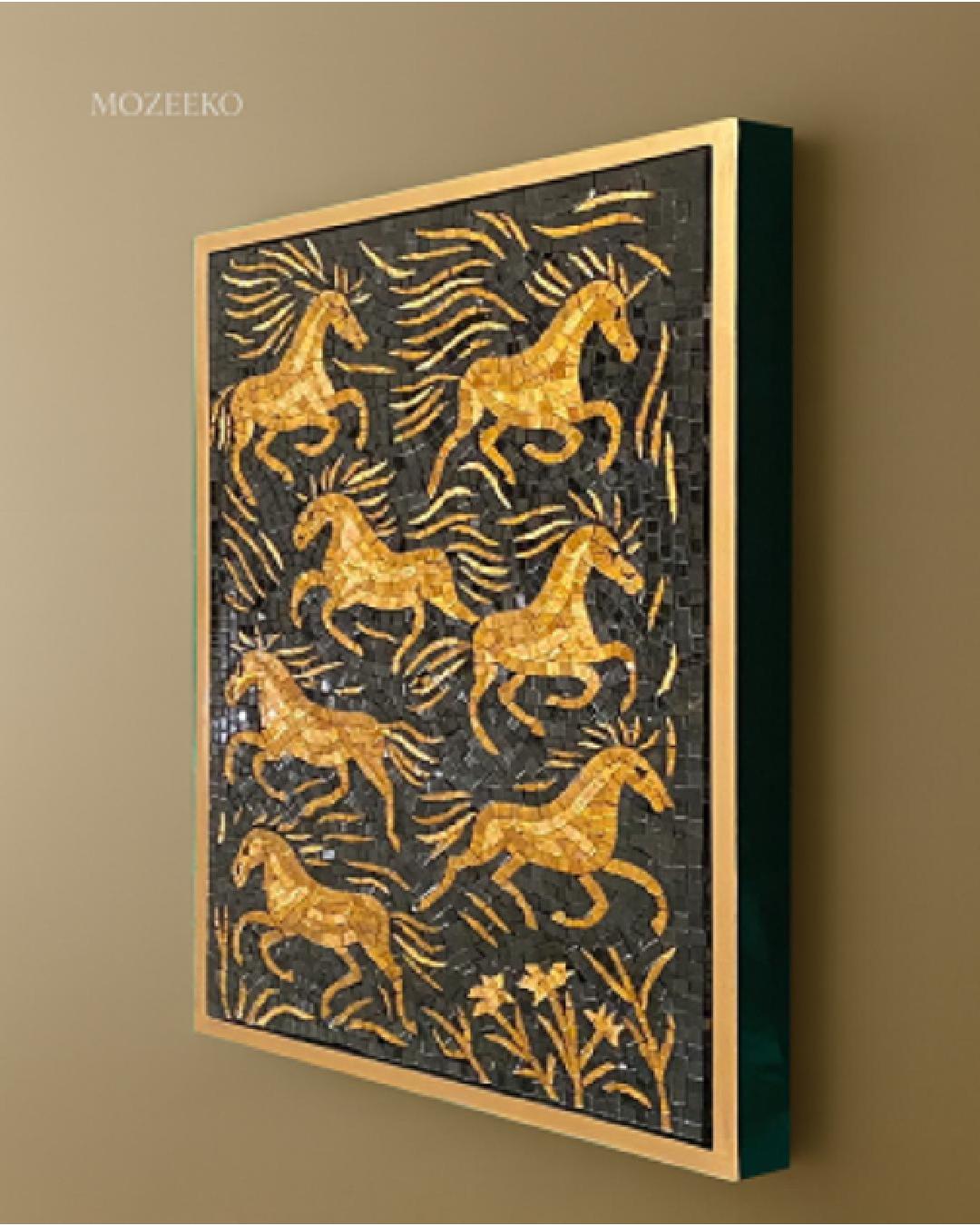 Video showcasing Golden Stallions marble mosaic wall art with golden horses on a black mosaic background, framed in a luxury floating frame, mosaic size 22 × 32 inches.
