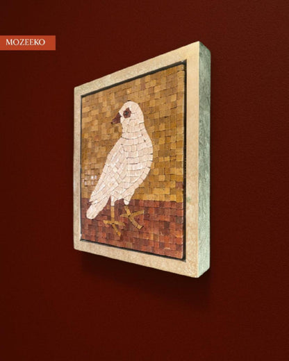 “Video showcasing the ‘Silent Dove’ 12×14 inch handcrafted marble mosaic from Mozeeko’s NIA Collection. The artwork features a serene white bird resting over a radiant golden background and an earthy red-brown base, crafted from Boticina Cream, Jet Black, Golden Marble, and Red-Golden Marble tiles. Shown in a handmade champagne-gold floating wooden frame with a soft beige-gold sheen.”