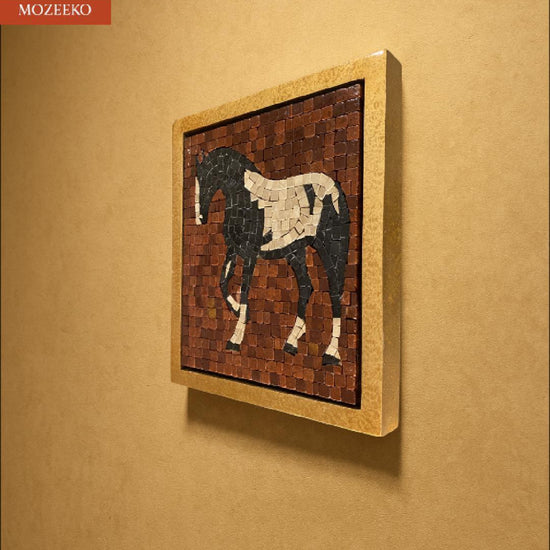 “Majestic Stride horse mosaic shown in a 12×14 inch handcrafted marble artwork from Mozeeko’s NIA collection. Video displays close-up views of the mosaic tiles, textures, and craftsmanship as the horse figure appears in black, cream, and brown marble pieces.”